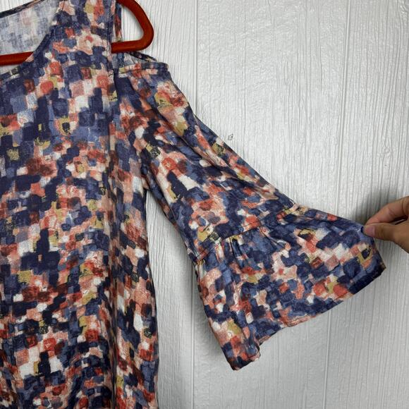 John Mark Multicolor Abstract Cold Shoulder Top 3/4 Sleeve Size Medium Artsy - Picture 6 of 8